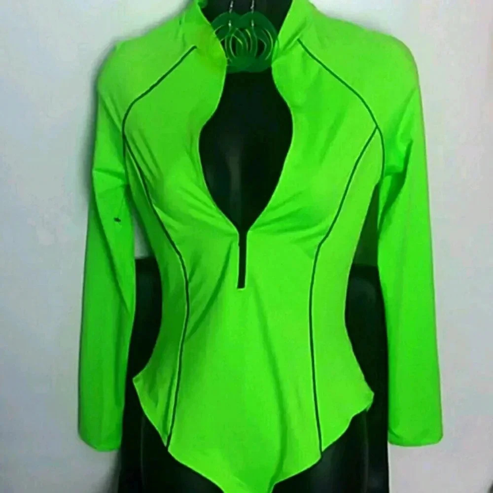 Women Neon Green Long Sleeve Stretchy Iris Bodysuit